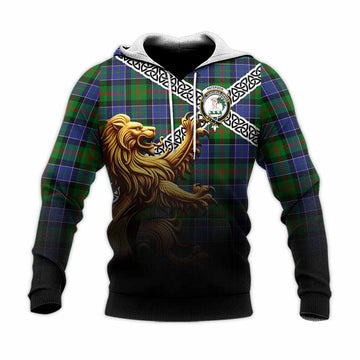 Paterson Crest Tartan Knitted Hoodie with Golden Lion Emblem Celtic Style