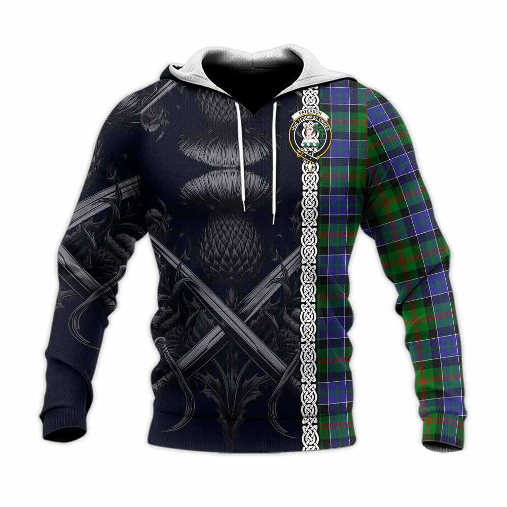 Tartan Vibes Clothing Paterson Tartan Knitted Hoodie with Family Crest Cross Sword Thistle Celtic Vibes
