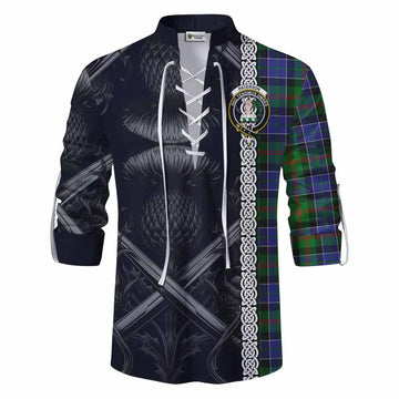 Tartan Vibes Clothing Paterson Tartan Ghillie Kilt Shirt with Family Crest Cross Sword Thistle Celtic Vibes