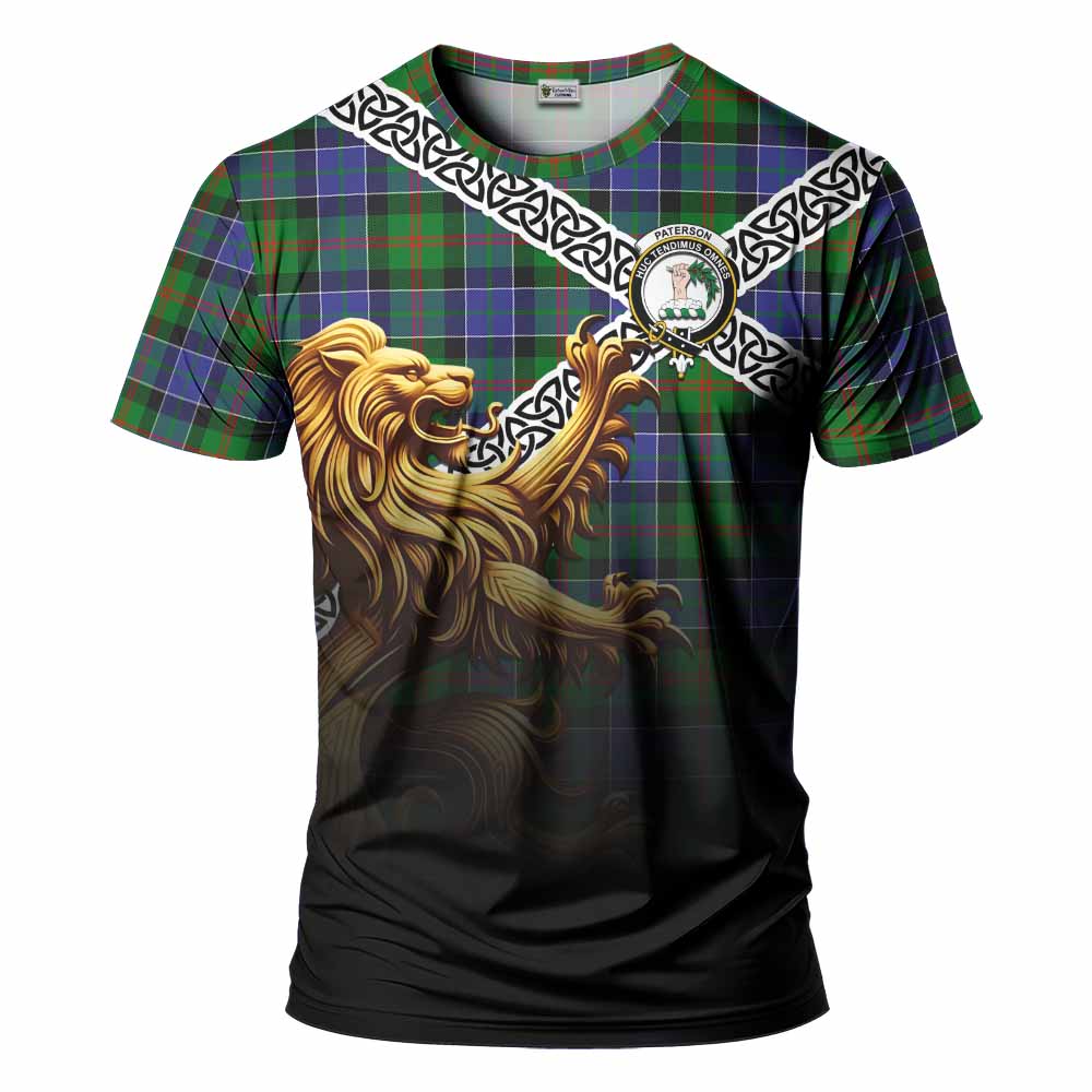Tartan Vibes Clothing Paterson Crest Tartan T-Shirt with Golden Lion Emblem Celtic Style
