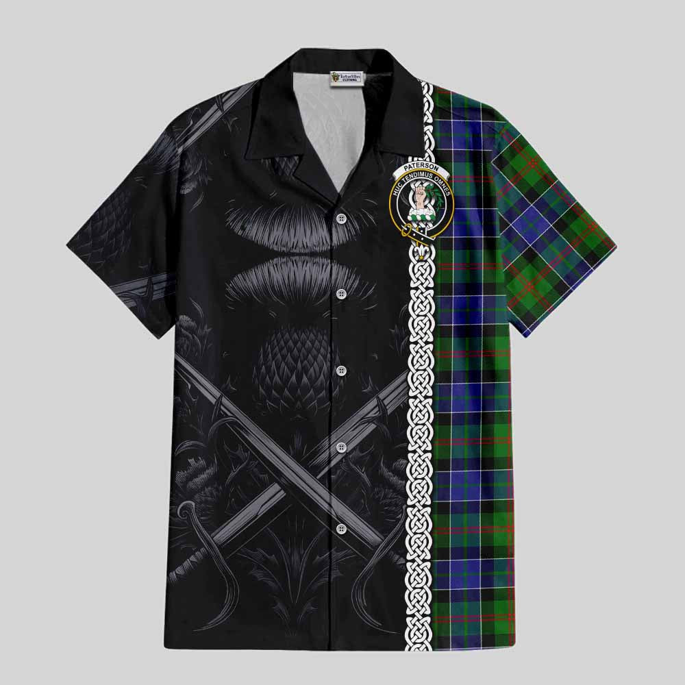 Tartan Vibes Clothing Paterson Tartan Short Sleeve Button Shirt with Family Crest Cross Sword Thistle Celtic Vibes
