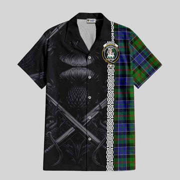 Tartan Vibes Clothing Paterson Tartan Short Sleeve Button Shirt with Family Crest Cross Sword Thistle Celtic Vibes
