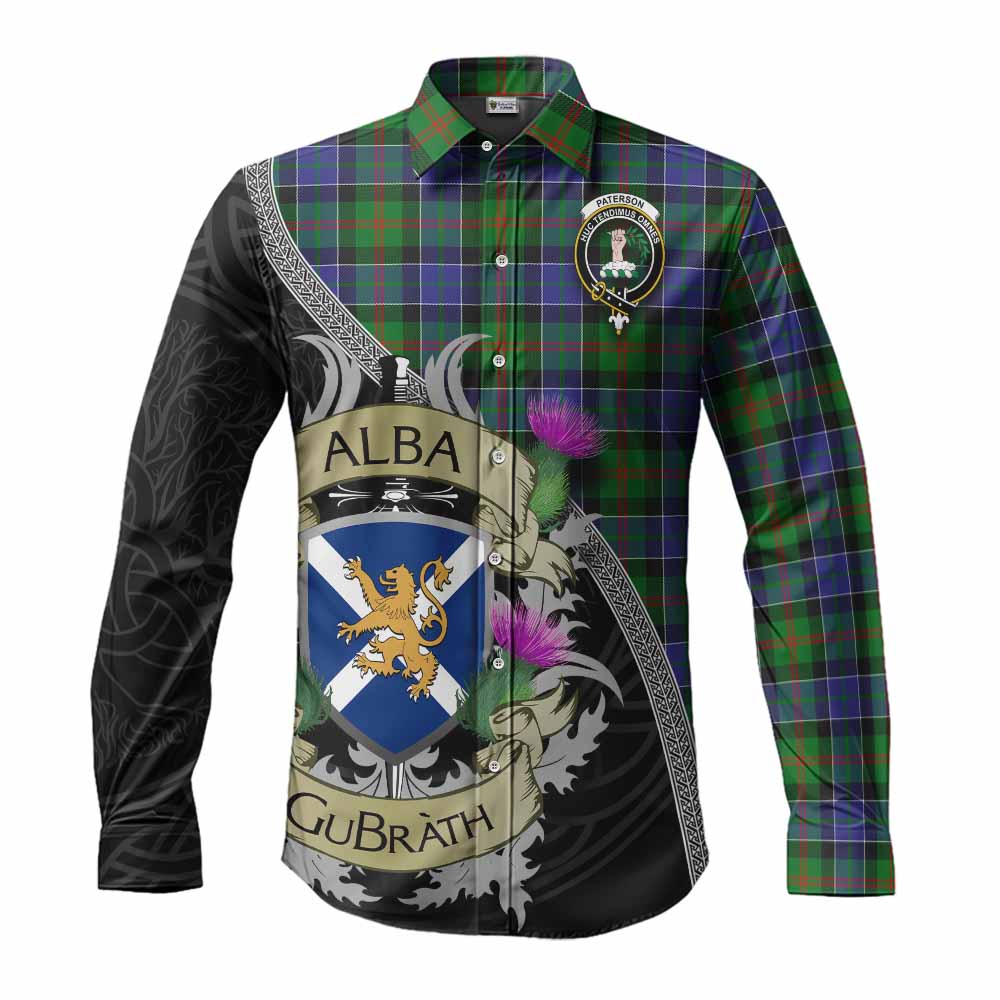 Tartan Vibes Clothing Paterson Tartan Family Crest Long Sleeve Button Shirt Lion Rampant Royal Thistle Shield Celtic Inspired
