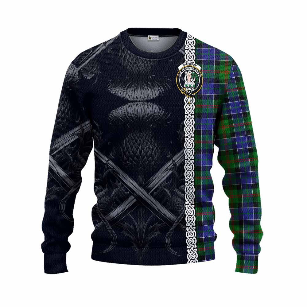 Tartan Vibes Clothing Paterson Tartan Knitted Sweater with Family Crest Cross Sword Thistle Celtic Vibes