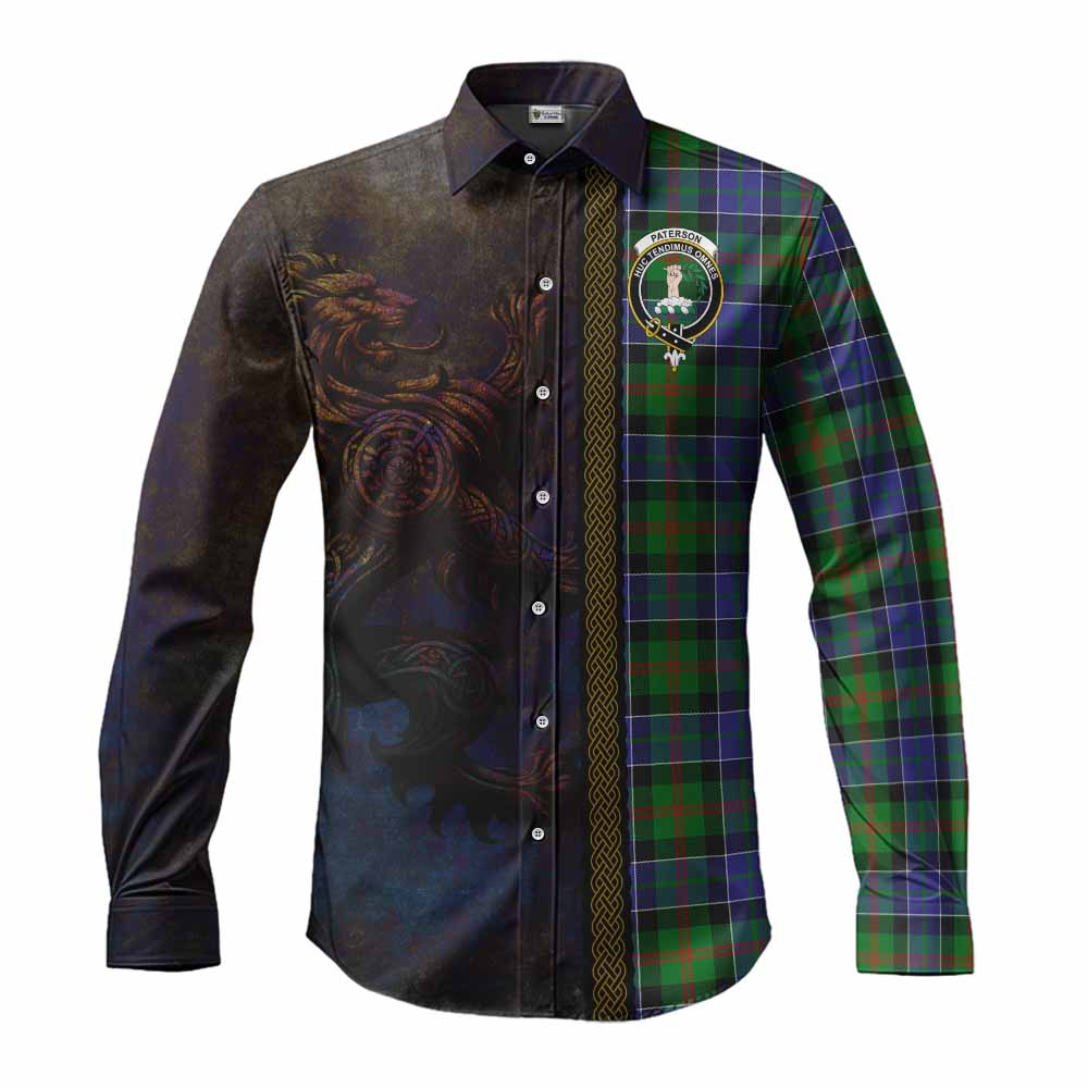 Tartan Vibes Clothing Paterson Tartan Family Crest Long Sleeve Button Shirt Alba Gu Brath Be Brave Lion Ancient Style