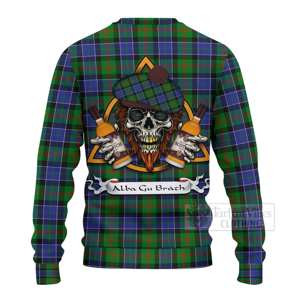 Tartan Vibes Clothing Paterson Tartan Knitted Sweater with Family Crest and Bearded Skull Holding Bottles of Whiskey