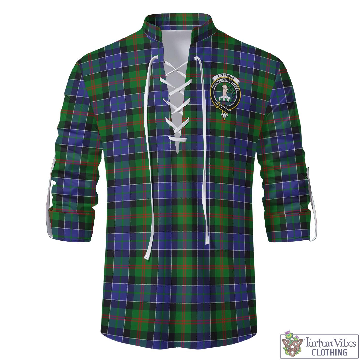 Tartan Vibes Clothing Paterson Tartan Men's Scottish Traditional Jacobite Ghillie Kilt Shirt with Family Crest
