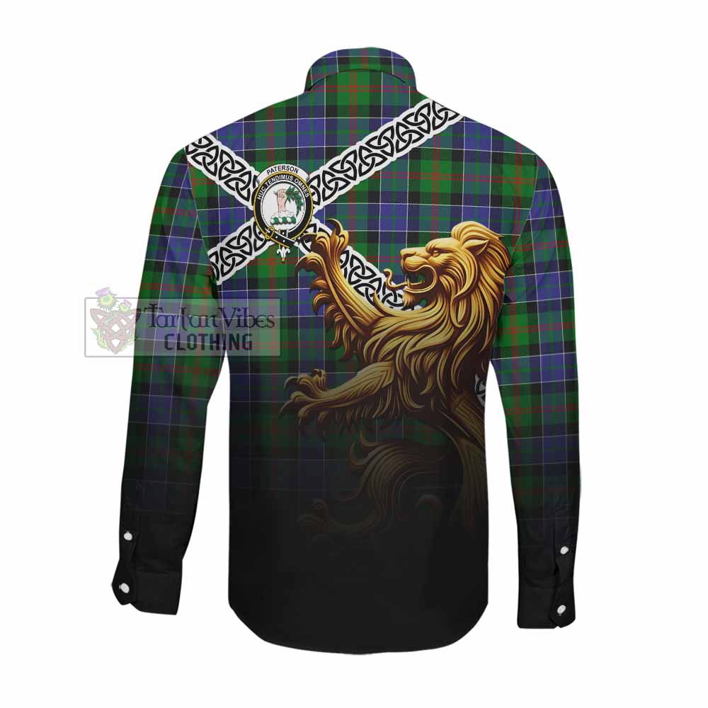 Tartan Vibes Clothing Paterson Crest Tartan Long Sleeve Button Shirt with Golden Lion Emblem Celtic Style