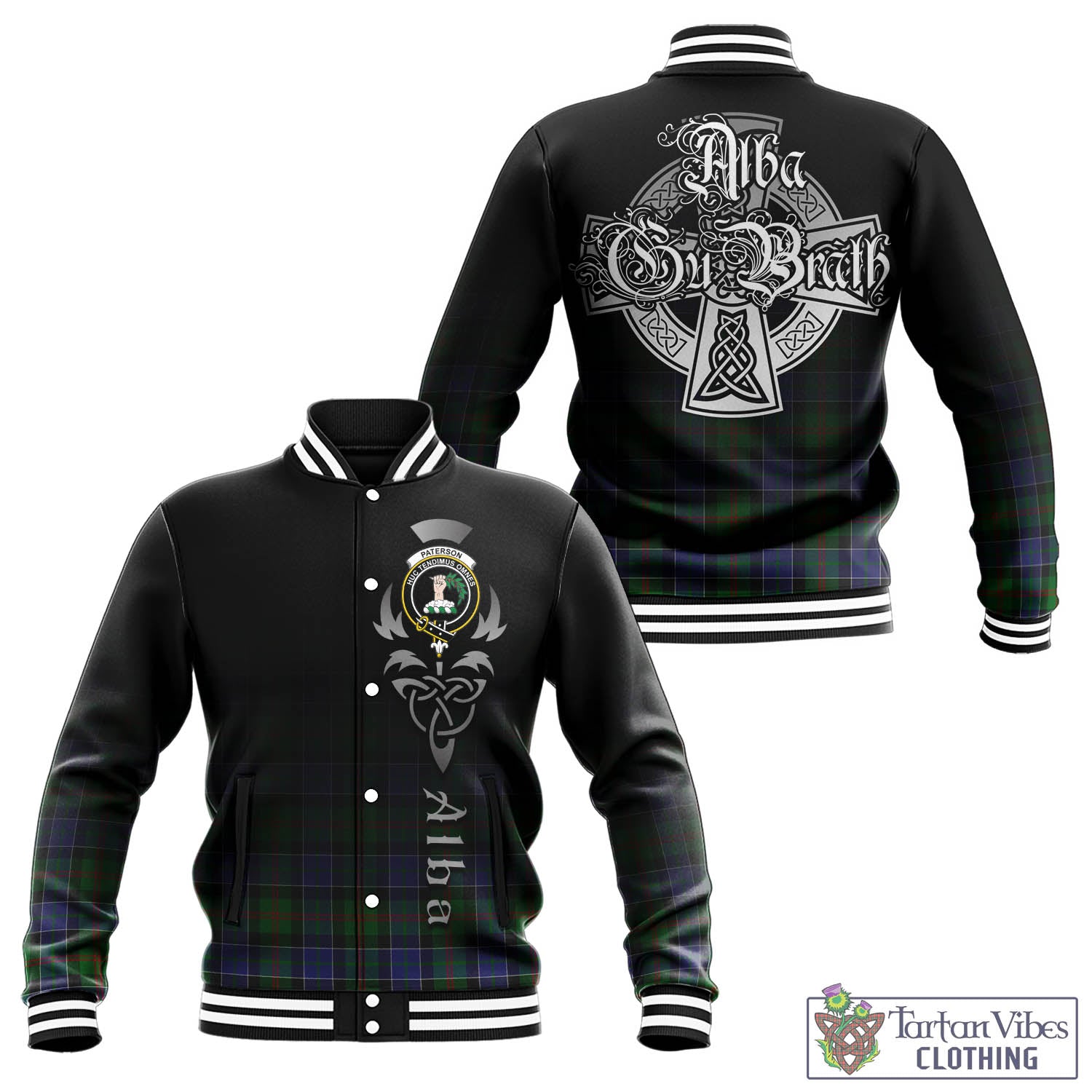 Tartan Vibes Clothing Paterson Tartan Baseball Jacket Featuring Alba Gu Brath Family Crest Celtic Inspired