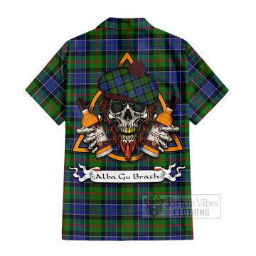 Tartan Vibes Clothing Paterson Tartan Short Sleeve Button Shirt with Family Crest and Bearded Skull Holding Bottles of Whiskey