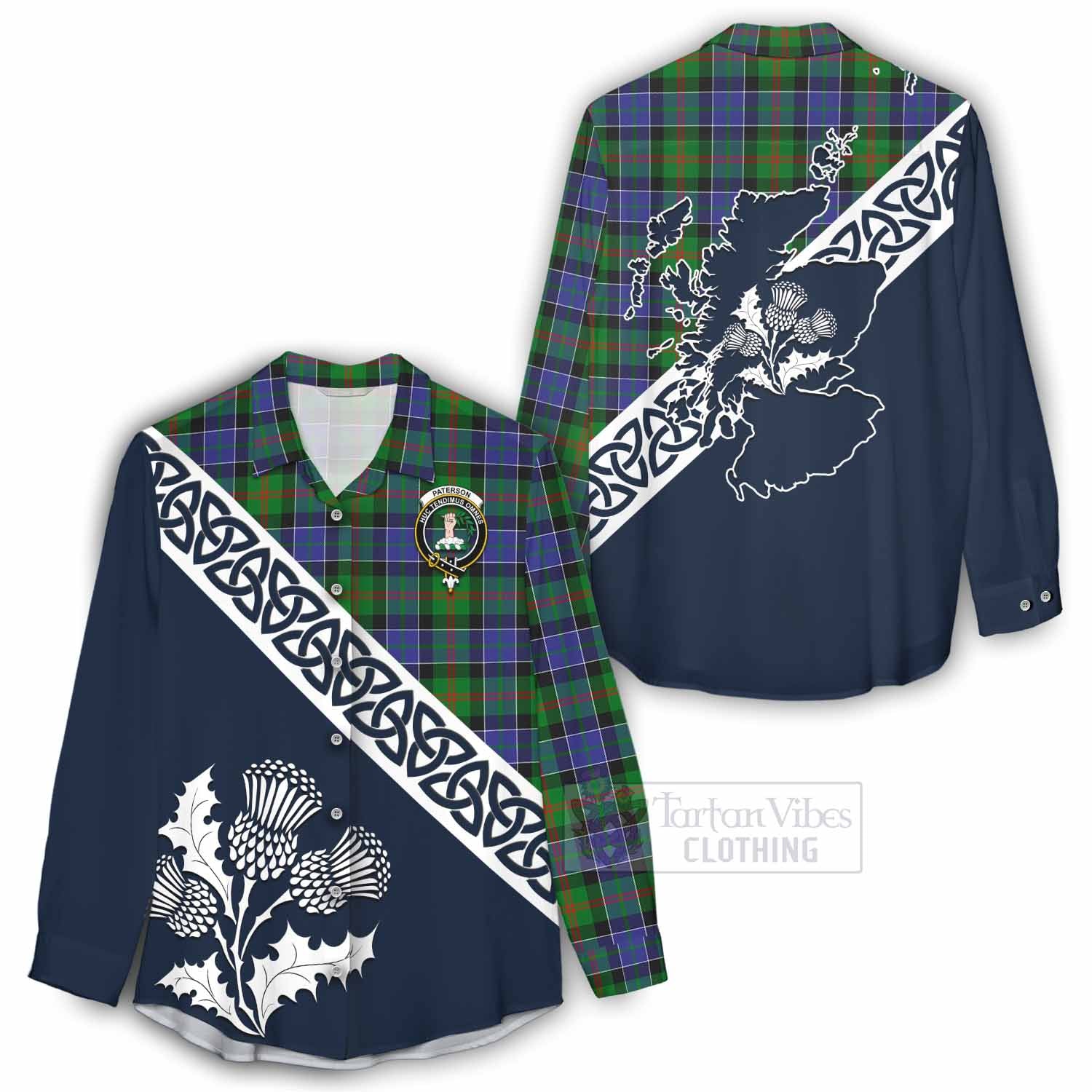 Tartan Vibes Clothing Paterson Tartan Women's Casual Shirt Featuring Thistle and Scotland Map