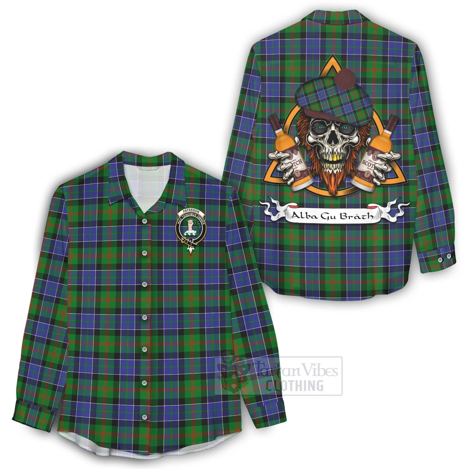 Tartan Vibes Clothing Paterson Tartan Women's Casual Shirt with Family Crest and Bearded Skull Holding Bottles of Whiskey