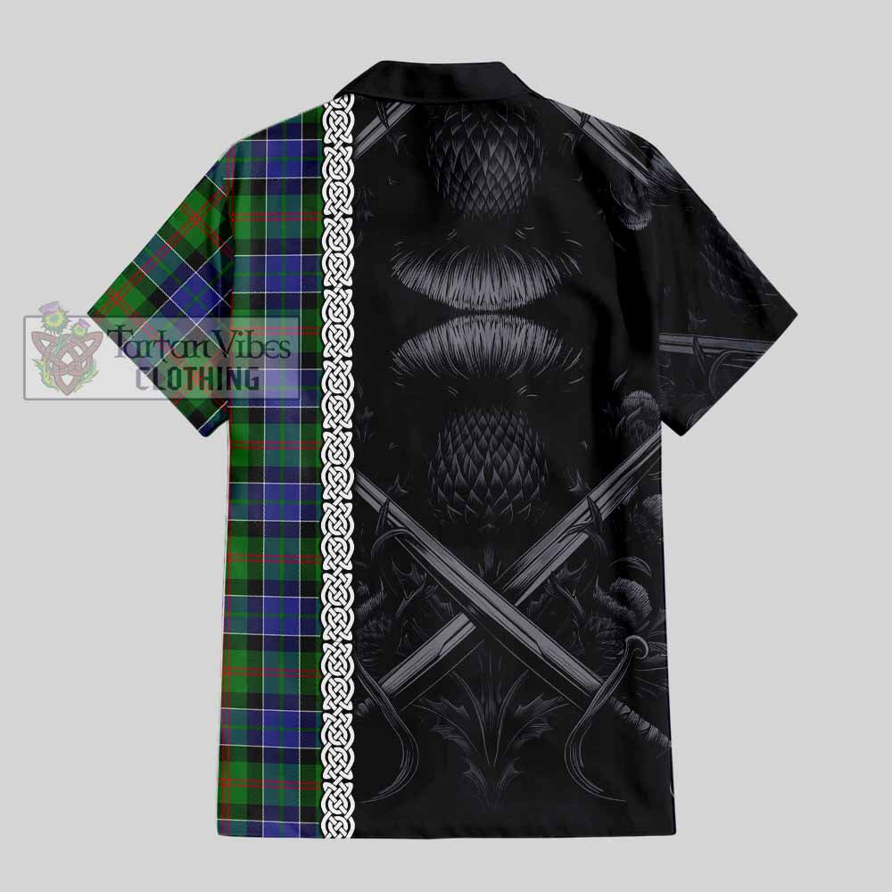 Tartan Vibes Clothing Paterson Tartan Short Sleeve Button Shirt with Family Crest Cross Sword Thistle Celtic Vibes