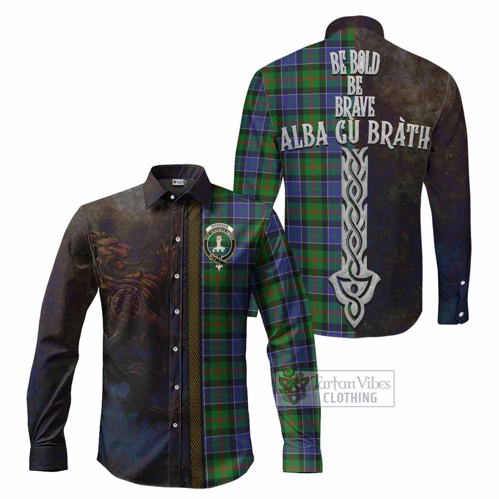 Tartan Vibes Clothing Paterson Tartan Family Crest Long Sleeve Button Shirt Alba Gu Brath Be Brave Lion Ancient Style