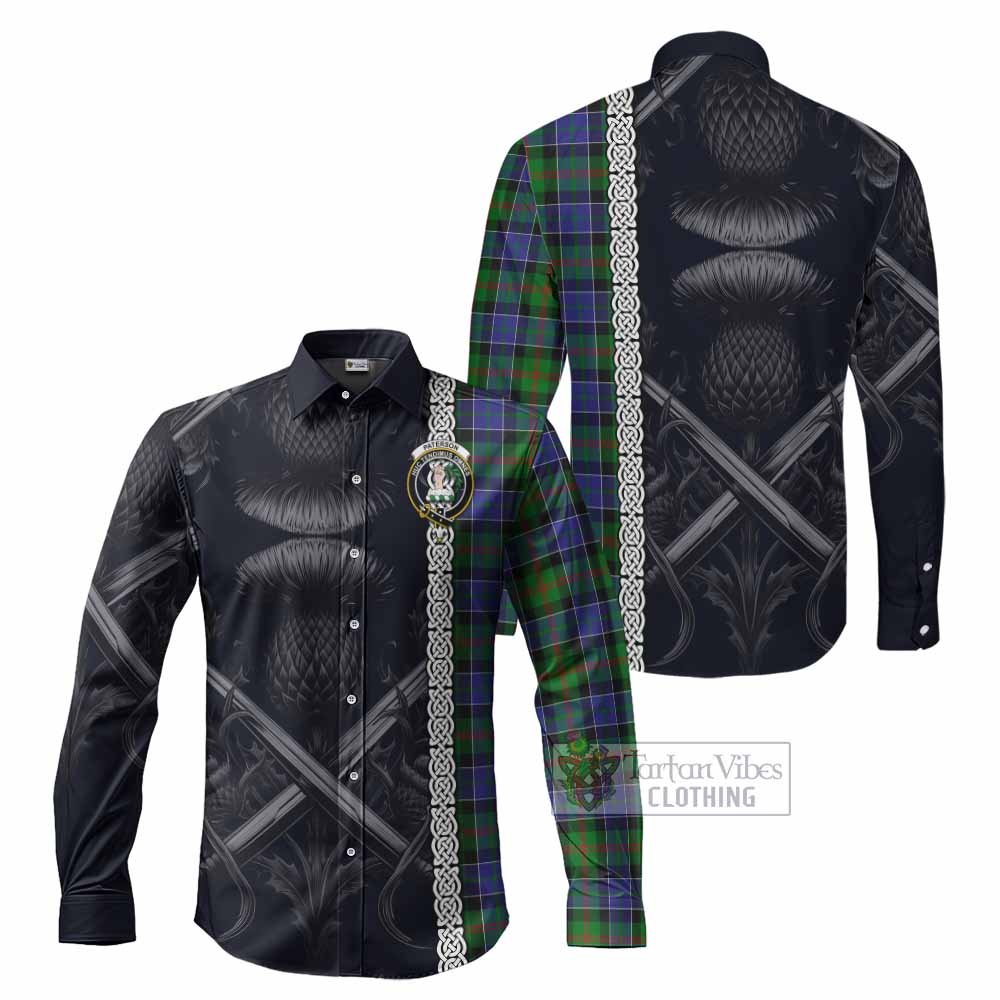 Tartan Vibes Clothing Paterson Tartan Long Sleeve Button Shirt with Family Crest Cross Sword Thistle Celtic Vibes