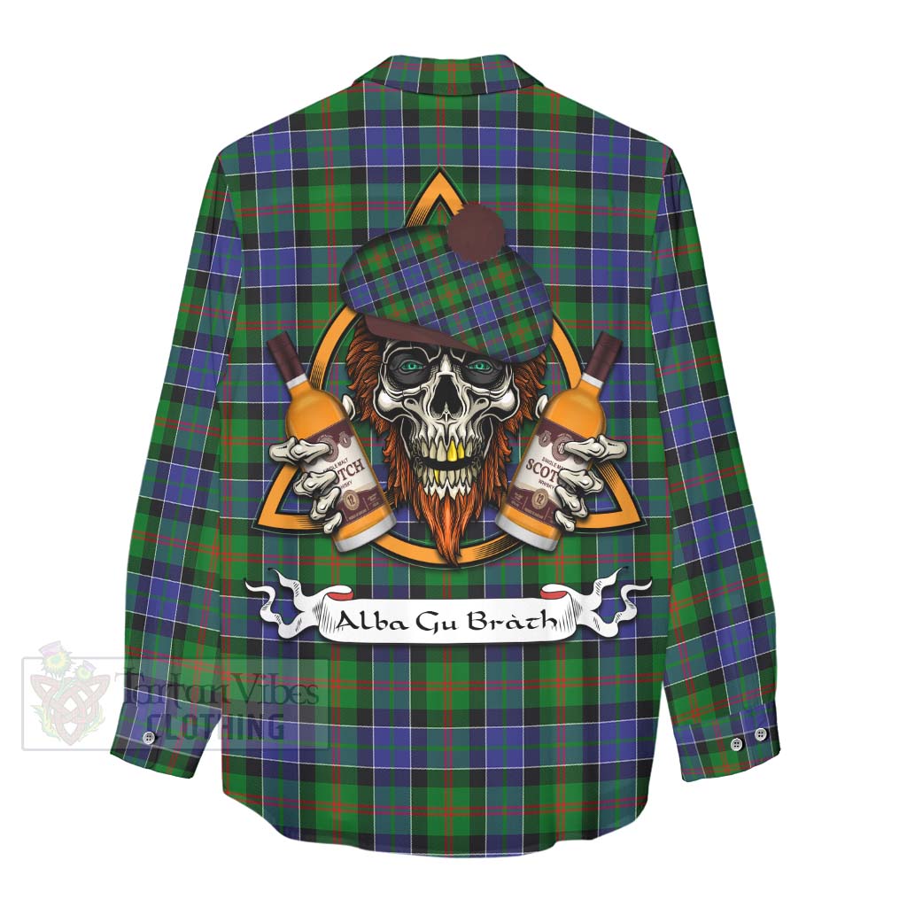 Tartan Vibes Clothing Paterson Tartan Women's Casual Shirt with Family Crest and Bearded Skull Holding Bottles of Whiskey