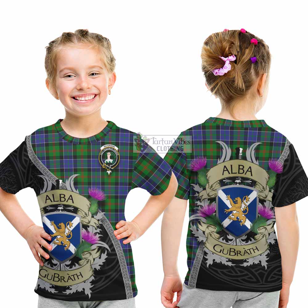 Tartan Vibes Clothing Paterson Tartan Family Crest Kid T-Shirt Lion Rampant Royal Thistle Shield Celtic Inspired