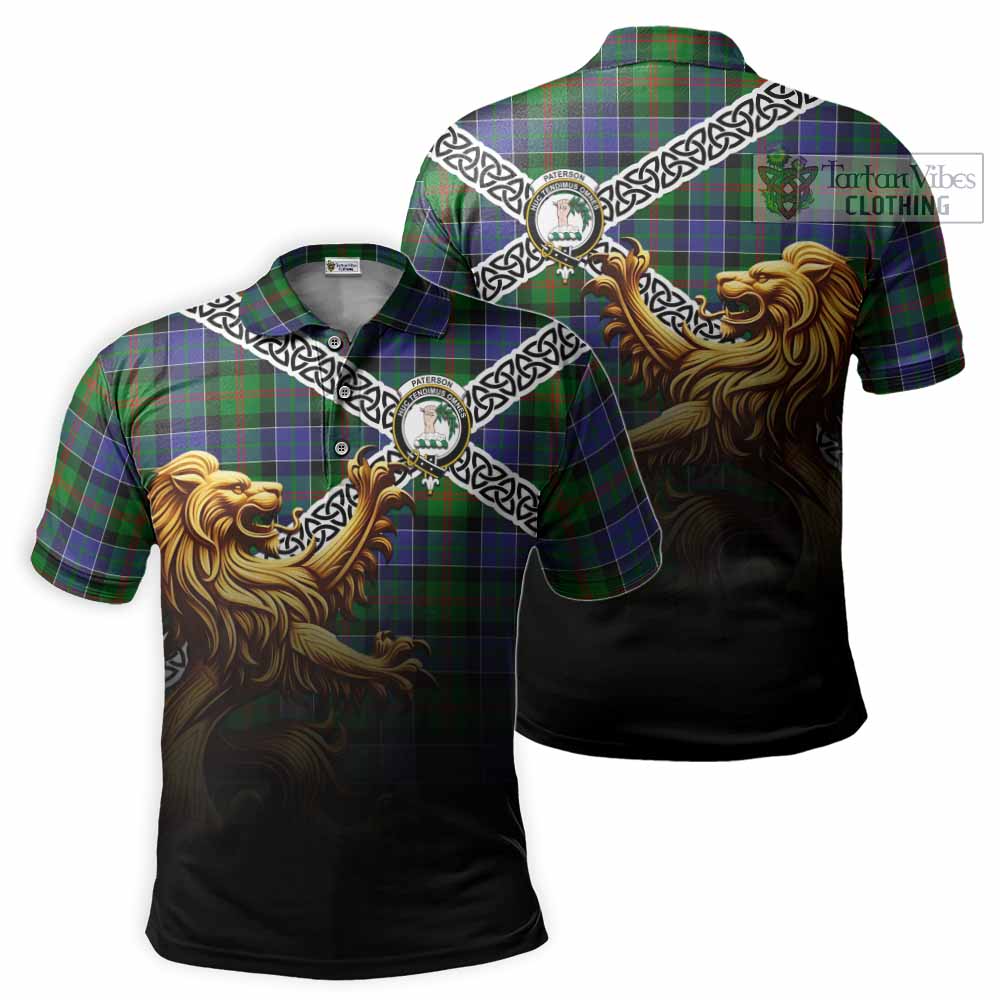 Tartan Vibes Clothing Paterson Crest Tartan Polo Shirt with Golden Lion Emblem Celtic Style