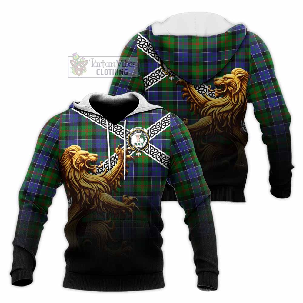 Tartan Vibes Clothing Paterson Crest Tartan Knitted Hoodie with Golden Lion Emblem Celtic Style