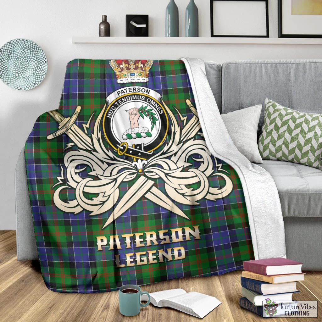 Tartan Vibes Clothing Paterson Tartan Blanket with Clan Crest and the Golden Sword of Courageous Legacy