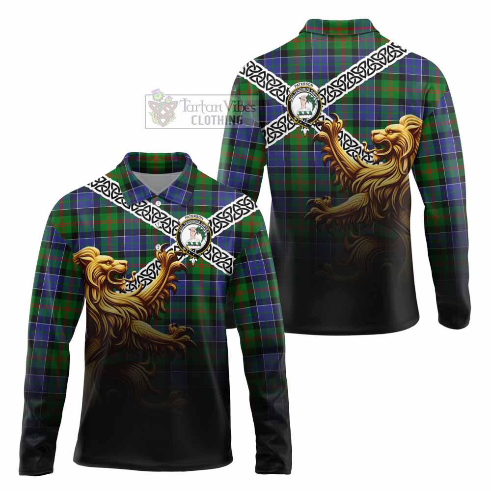 Tartan Vibes Clothing Paterson Crest Tartan Long Sleeve Polo Shirt with Golden Lion Emblem Celtic Style