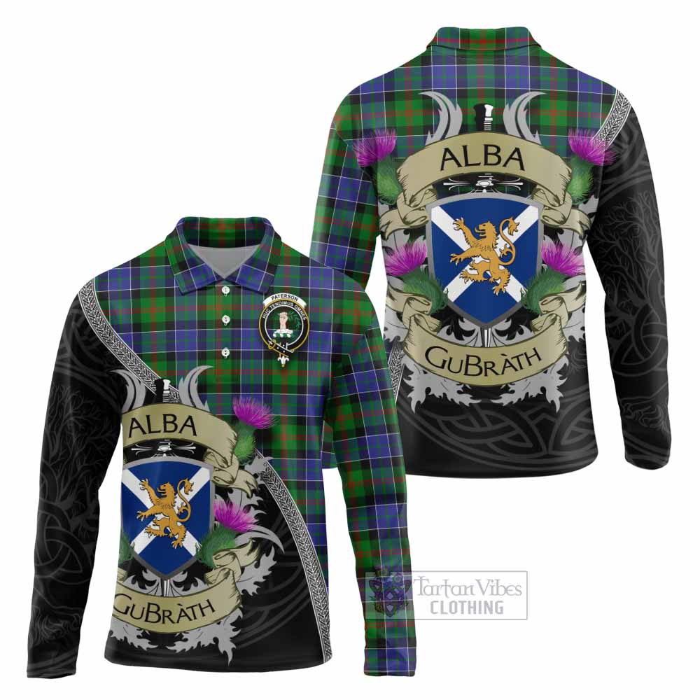 Tartan Vibes Clothing Paterson Tartan Family Crest Long Sleeve Polo Shirt Lion Rampant Royal Thistle Shield Celtic Inspired