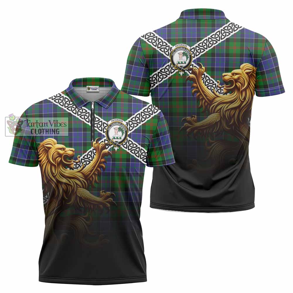 Tartan Vibes Clothing Paterson Crest Tartan Zipper Polo Shirt with Golden Lion Emblem Celtic Style