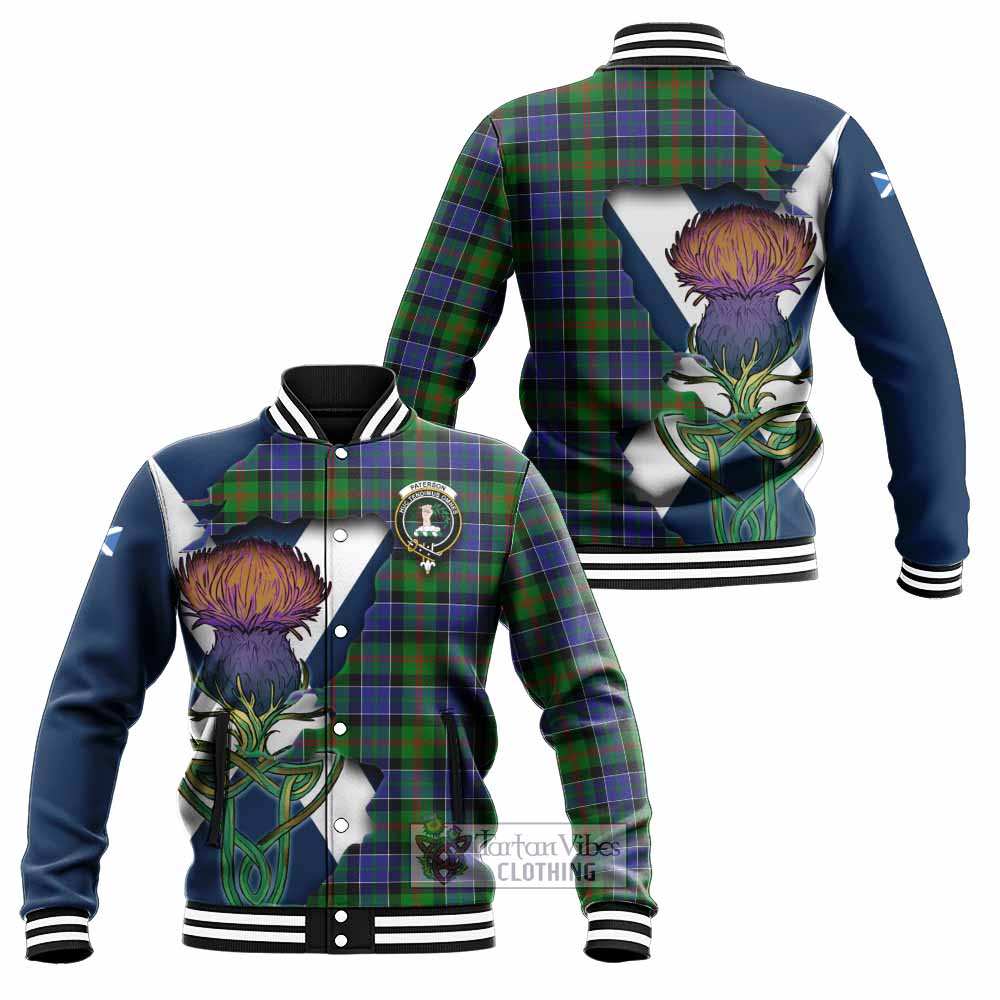 Tartan Vibes Clothing Paterson Tartan Family Crest Baseball Jacket Scottish Thistle Celtic Inspired