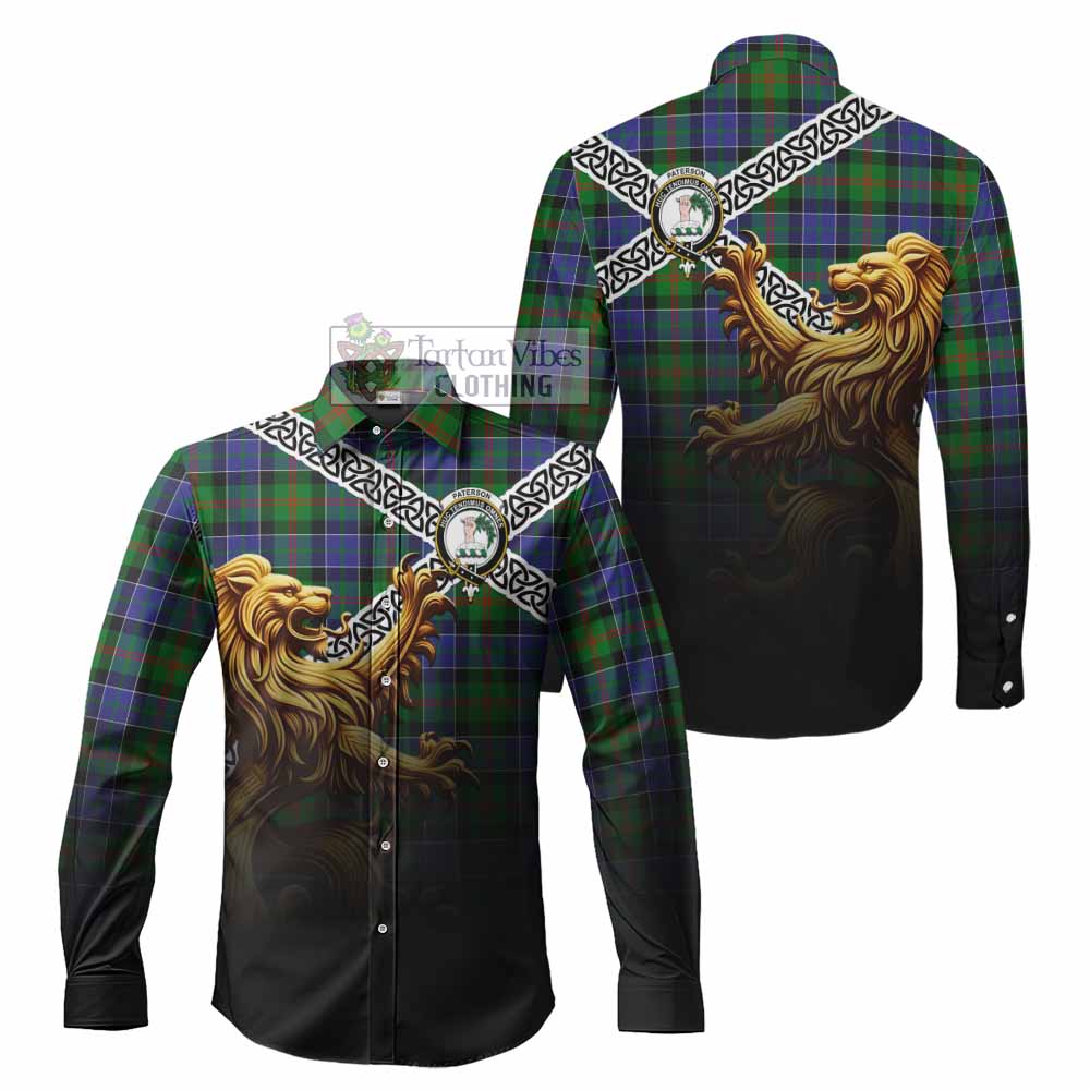 Tartan Vibes Clothing Paterson Crest Tartan Long Sleeve Button Shirt with Golden Lion Emblem Celtic Style