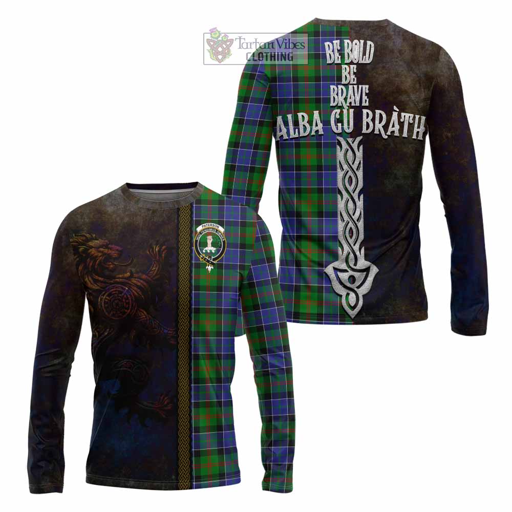 Tartan Vibes Clothing Paterson Tartan Family Crest Long Sleeve T-Shirt Alba Gu Brath Be Brave Lion Ancient Style