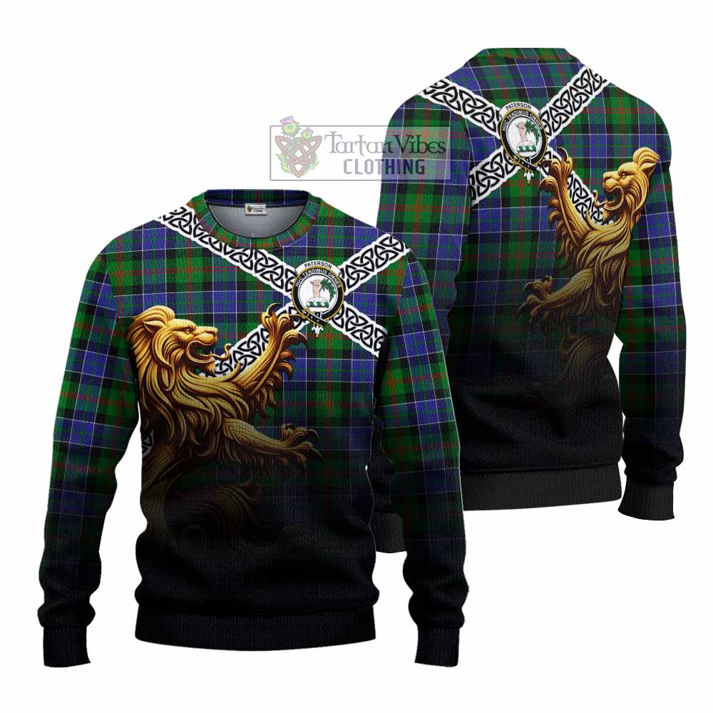 Tartan Vibes Clothing Paterson Crest Tartan Knitted Sweater with Golden Lion Emblem Celtic Style