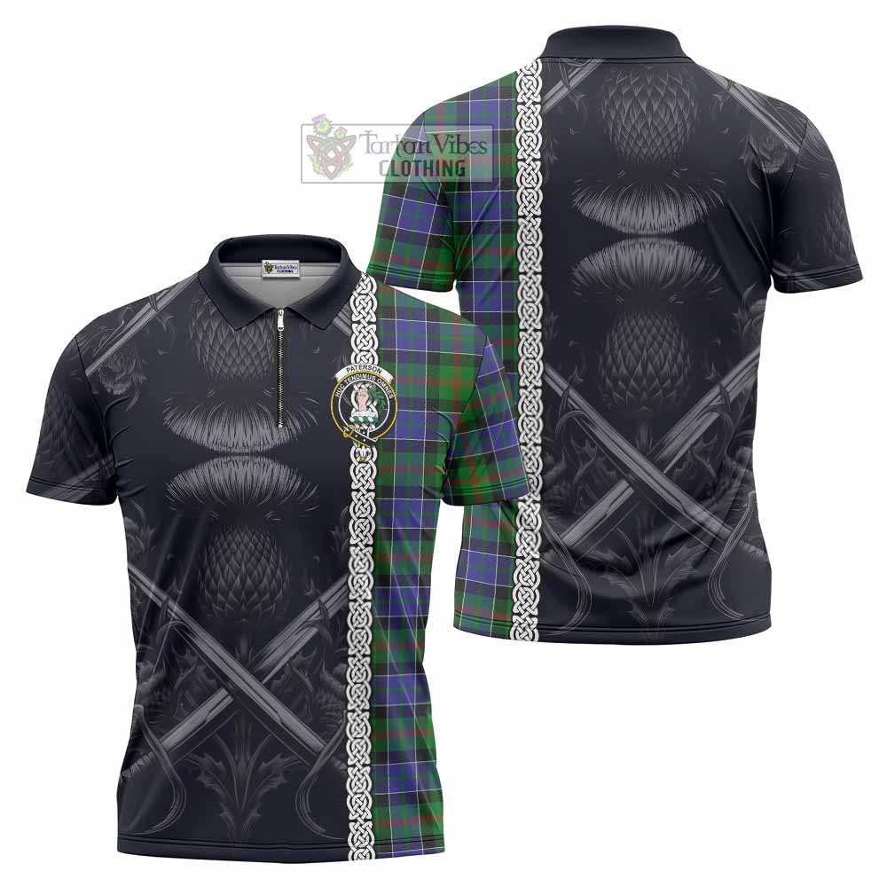 Tartan Vibes Clothing Paterson Tartan Zipper Polo Shirt with Family Crest Cross Sword Thistle Celtic Vibes