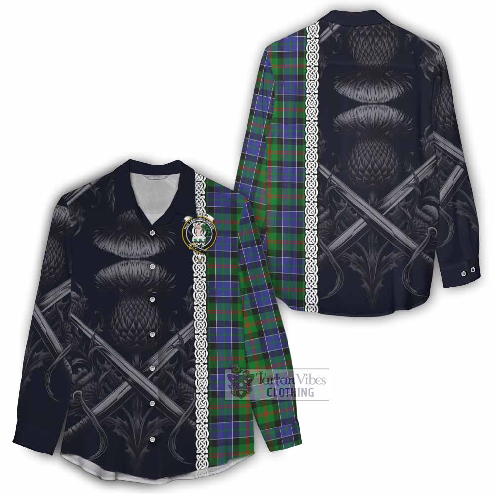 Tartan Vibes Clothing Paterson Tartan Women's Casual Shirt with Family Crest Cross Sword Thistle Celtic Vibes