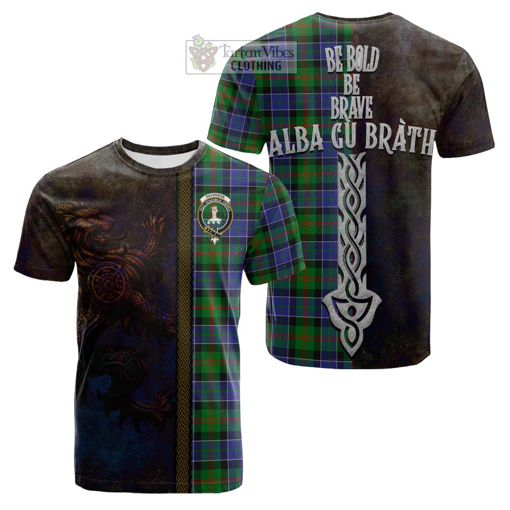 Tartan Vibes Clothing Paterson Tartan Family Crest Cotton T-shirt Alba Gu Brath Be Brave Lion Ancient Style