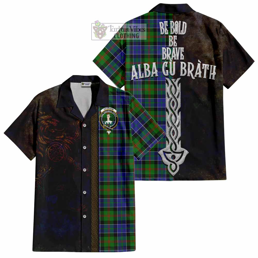 Tartan Vibes Clothing Paterson Tartan Family Crest Short Sleeve Button Shirt Alba Gu Brath Be Brave Lion Ancient Style
