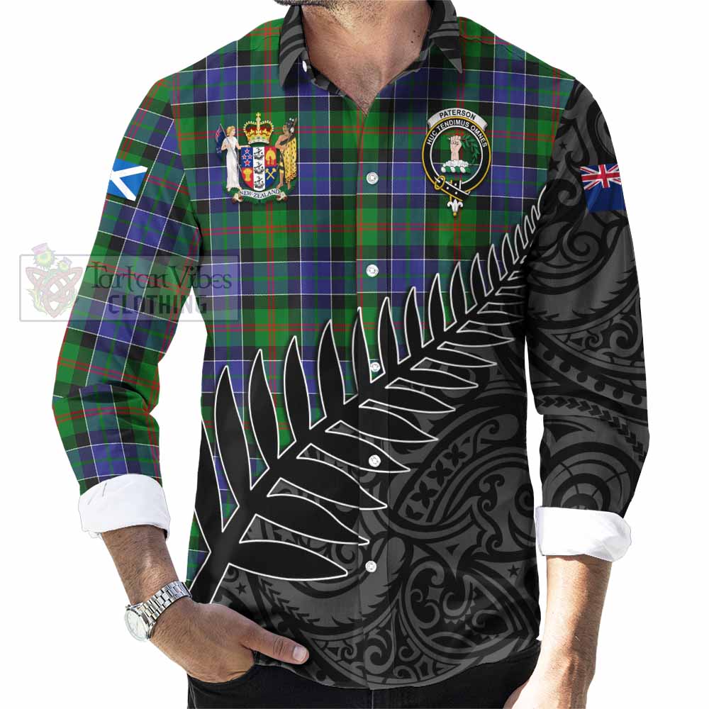 Tartan Vibes Clothing Paterson Crest Tartan Long Sleeve Button Shirt with New Zealand Silver Fern Half Style