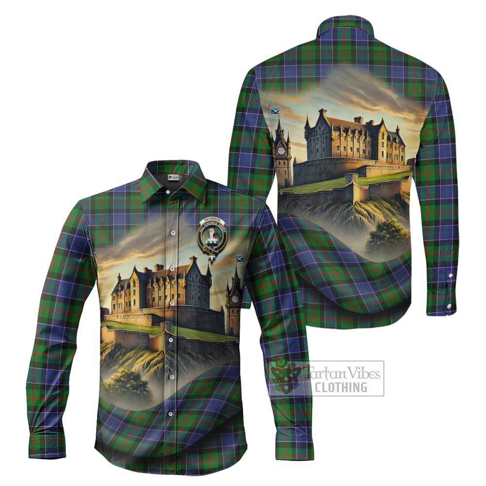 Tartan Vibes Clothing Paterson Tartan Family Crest Long Sleeve Button Shirt with Scottish Ancient Castle Style