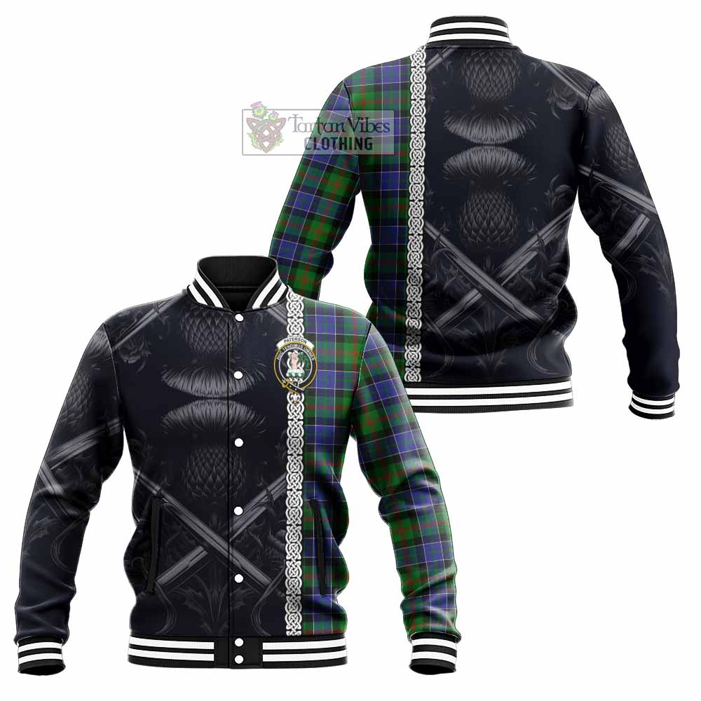 Tartan Vibes Clothing Paterson Tartan Baseball Jacket with Family Crest Cross Sword Thistle Celtic Vibes