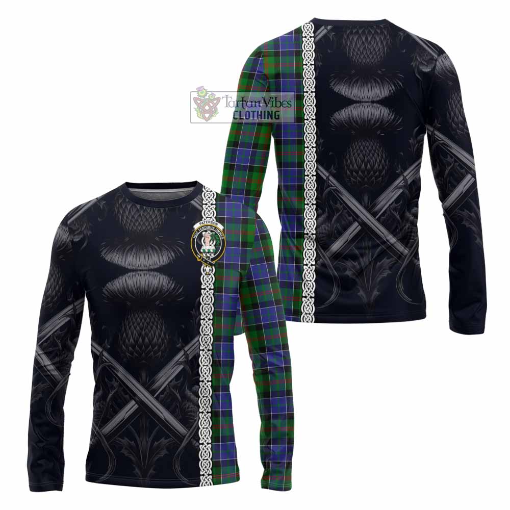 Tartan Vibes Clothing Paterson Tartan Long Sleeve T-Shirt with Family Crest Cross Sword Thistle Celtic Vibes