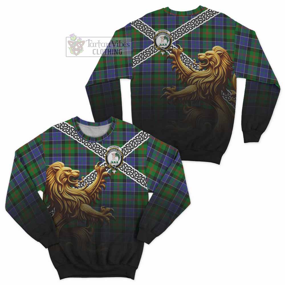 Tartan Vibes Clothing Paterson Crest Tartan Sweatshirt with Golden Lion Emblem Celtic Style