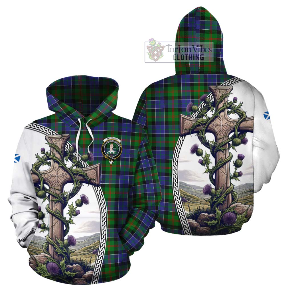Tartan Vibes Clothing Paterson Tartan Cotton Hoodie with Family Crest and St. Andrew's Cross Accented by Thistle Vines
