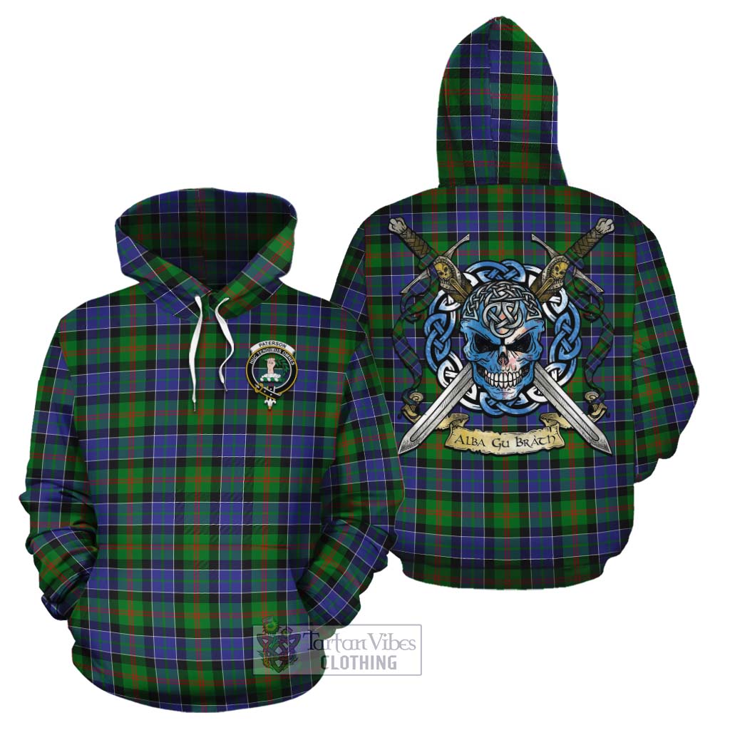 Tartan Vibes Clothing Paterson Tartan Cotton Hoodie with Family Crest Celtic Skull Style