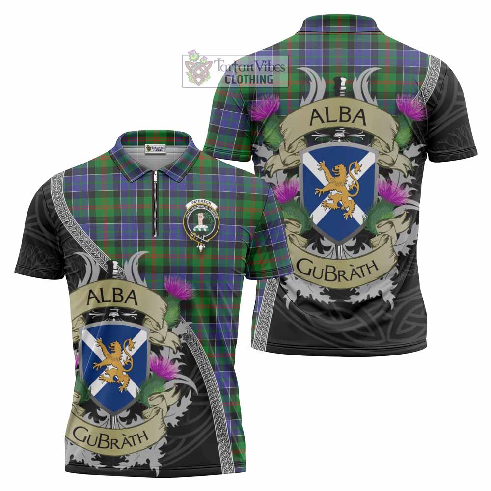 Tartan Vibes Clothing Paterson Tartan Family Crest Zipper Polo Shirt Lion Rampant Royal Thistle Shield Celtic Inspired