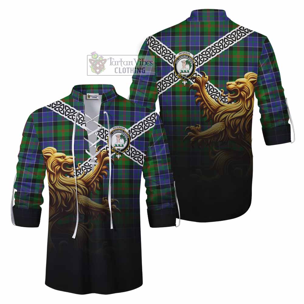 Tartan Vibes Clothing Paterson Crest Tartan Ghillie Kilt Shirt with Golden Lion Emblem Celtic Style