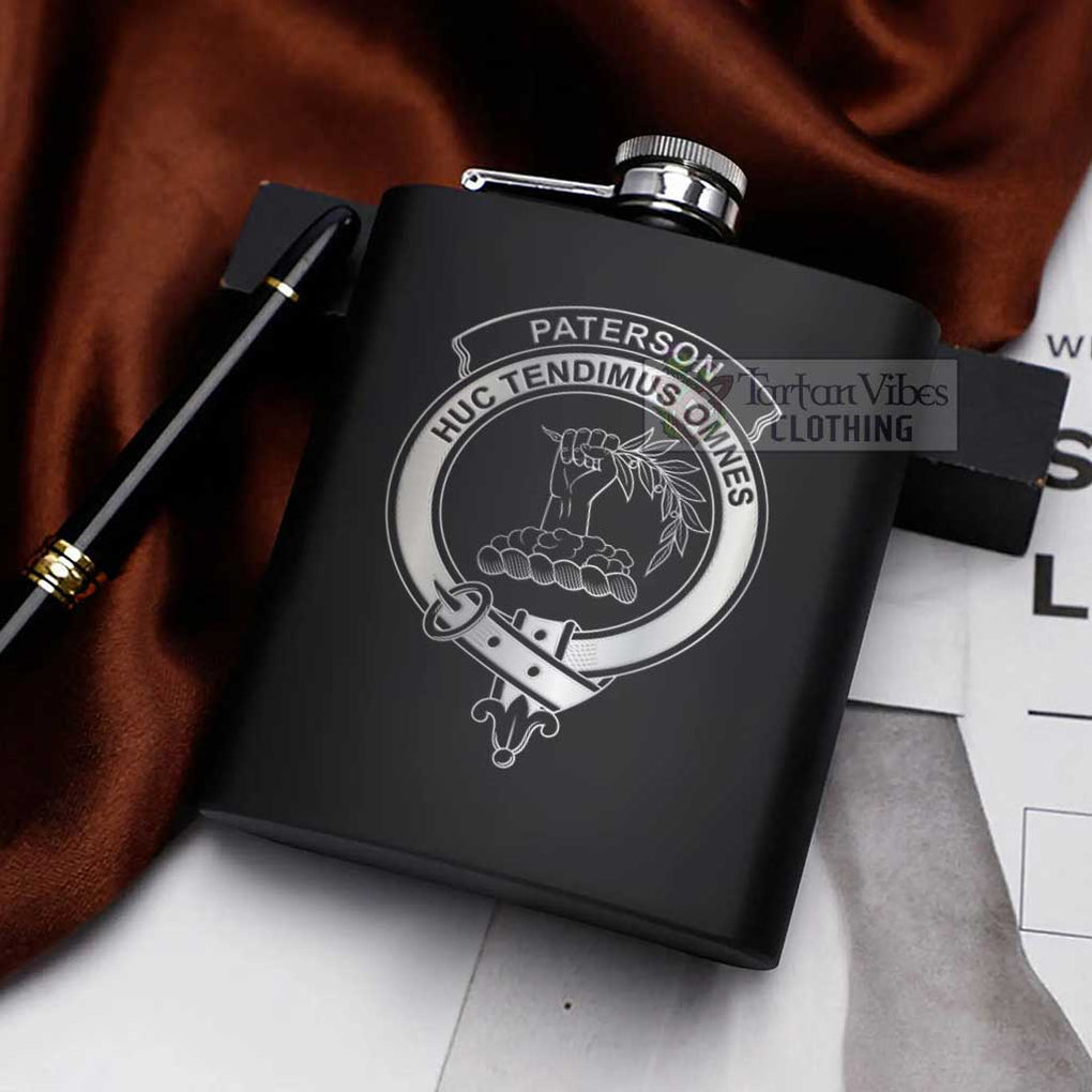 Tartan Vibes Clothing Paterson Crest Hip Flask Set 7oz Black Stainless Steel with A Gift Box