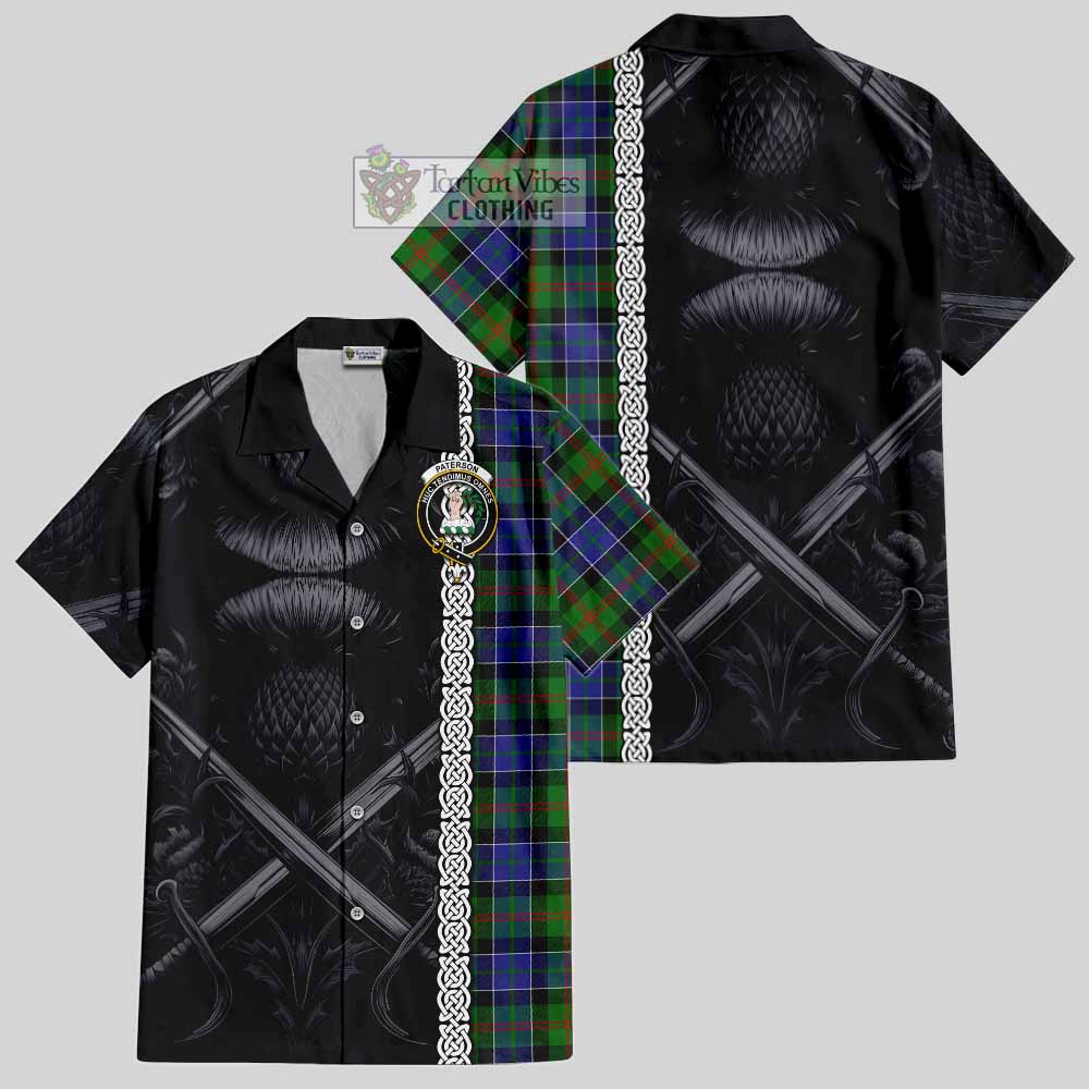 Tartan Vibes Clothing Paterson Tartan Short Sleeve Button Shirt with Family Crest Cross Sword Thistle Celtic Vibes