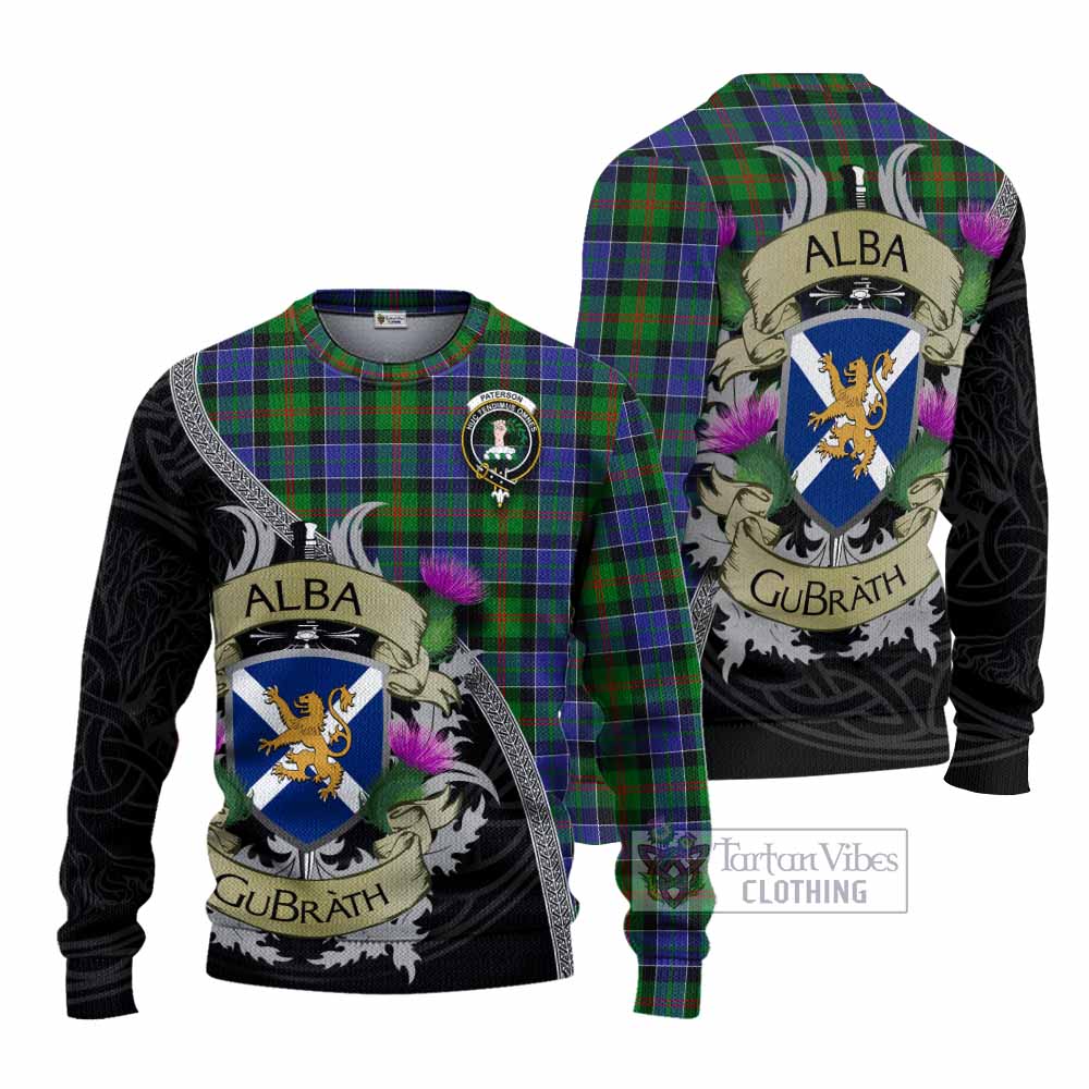 Tartan Vibes Clothing Paterson Tartan Family Crest Knitted Sweater Lion Rampant Royal Thistle Shield Celtic Inspired