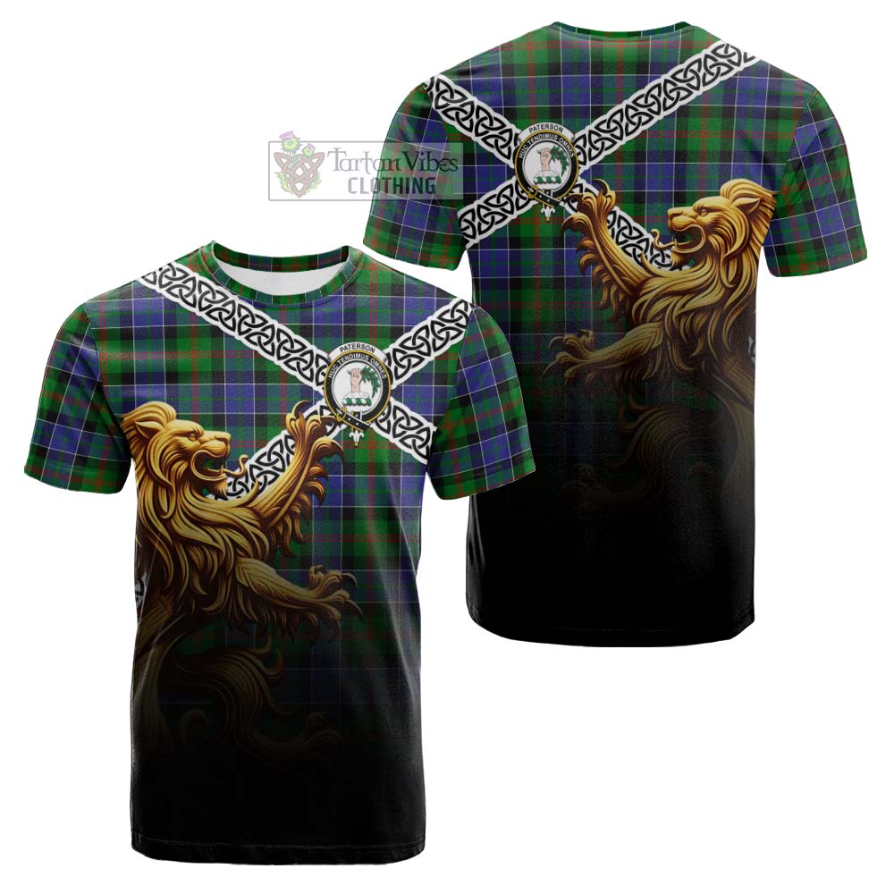 Tartan Vibes Clothing Paterson Crest Tartan Cotton T-shirt with Golden Lion Emblem Celtic Style