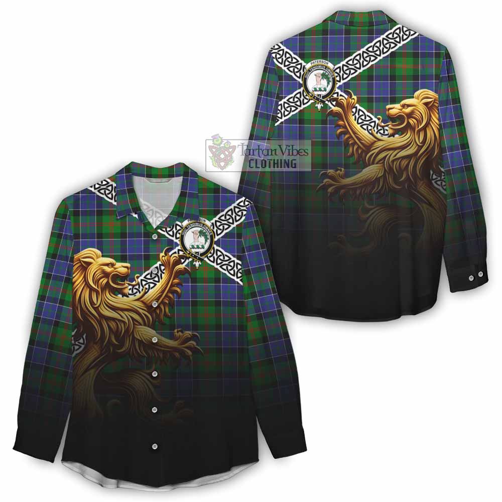 Tartan Vibes Clothing Paterson Crest Tartan Women's Casual Shirt with Golden Lion Emblem Celtic Style