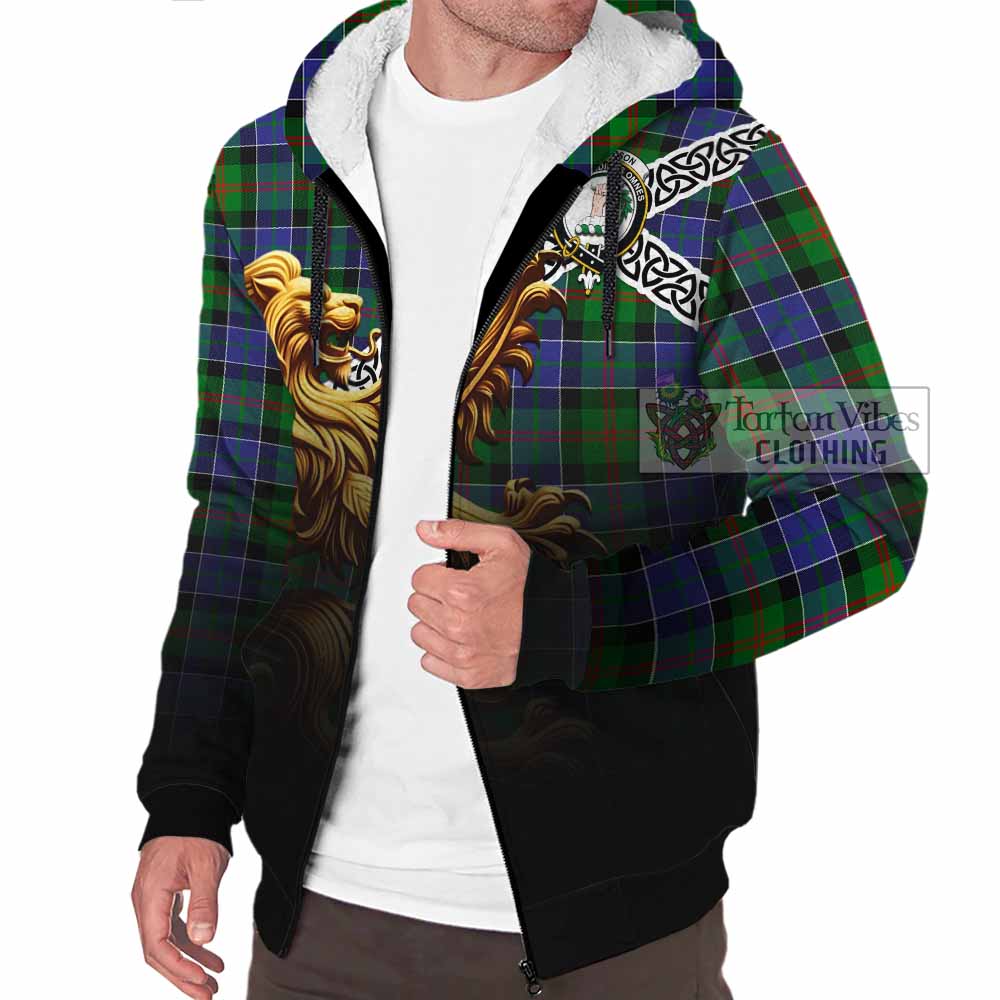Tartan Vibes Clothing Paterson Crest Tartan Sherpa Hoodie with Golden Lion Emblem Celtic Style